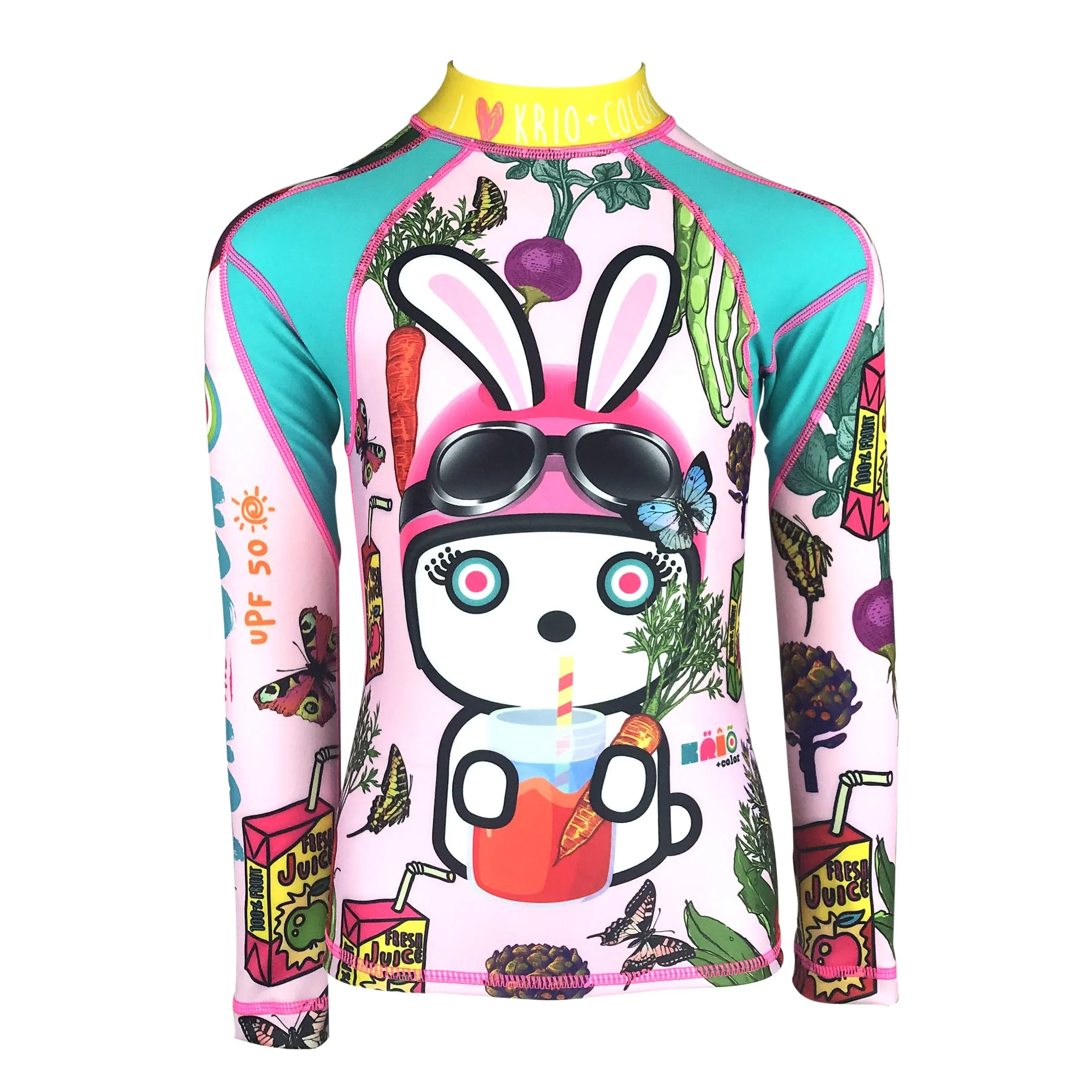Bunny Veggies Girls Long Sleeve Rash Guard Shirt With Zipper