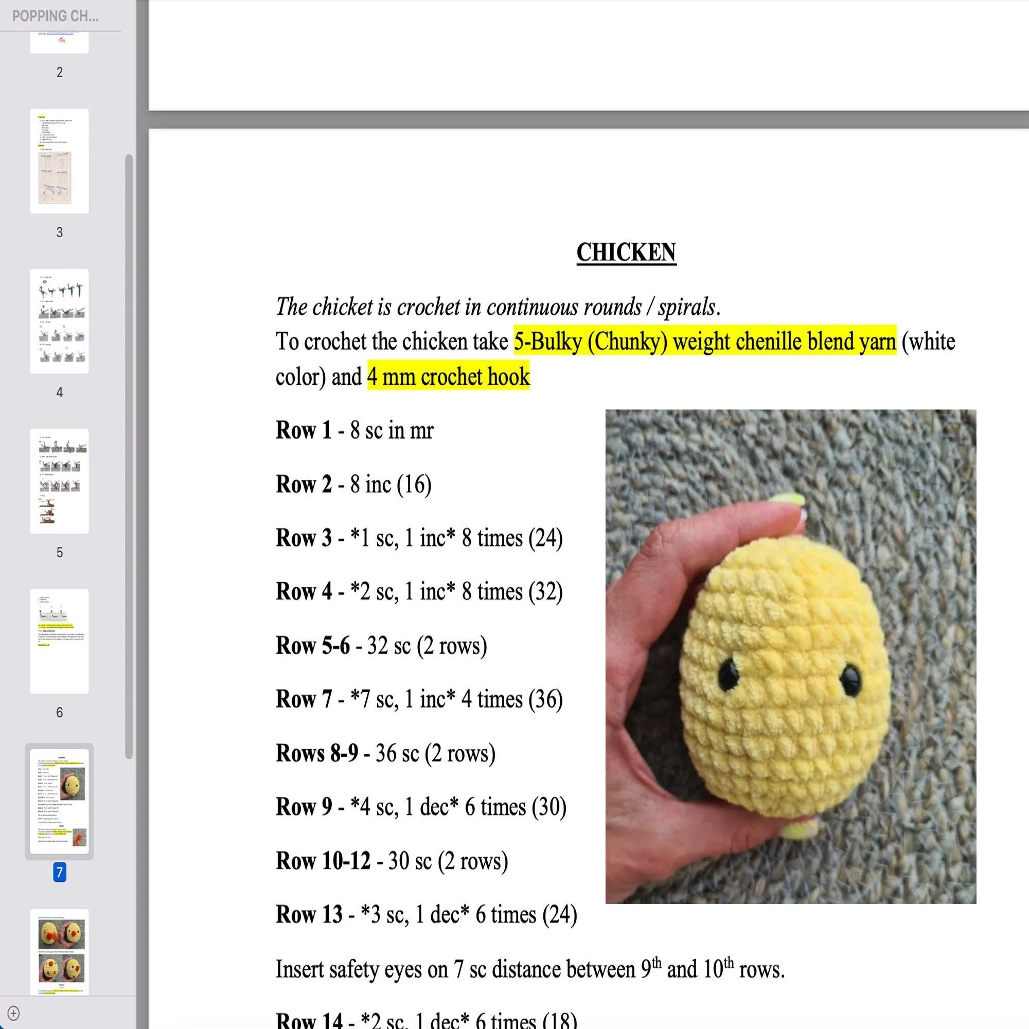 Crochet No Sew Chicken pattern, US standard terms, Skill level beginner